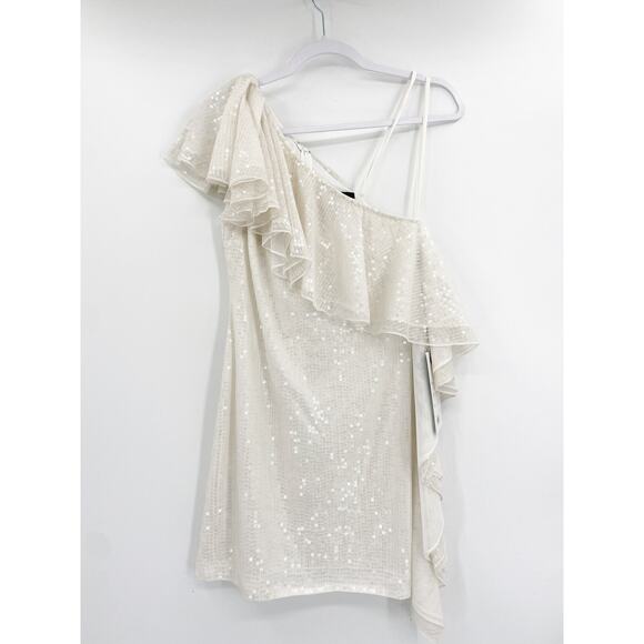 Mac Duggal 10800 White Sequin One Shoulder Ruffled Cocktail Dress Size 4 NWT - Picture 4 of 9
